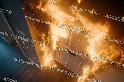 Blazing Fire Engulfing Closed Wooden Door Producing Smoke Sparks And Dramatic Interior Danger Scene