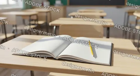 Empty Classroom Desk With Open Book And Pencil On Wooden Table Symbolizing Education Study And Knowledge Learning