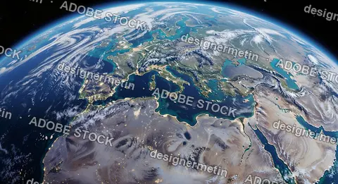 Detailed Satellite Orbital View Showing Europe Mediterranean Middle East Regions Illuminated With Natural Coastlines Rivers And Mountains
