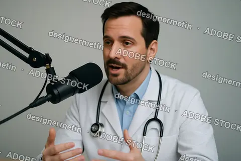 Professional Male Doctor Wearing White Coat And Stethoscope Speaking Into Microphone During Podcast Session