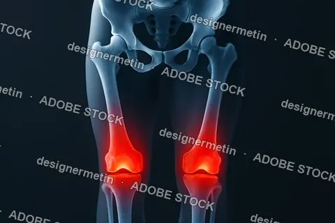 Xray Style Medical Anatomy Illustration Showing Arthritis Inflammation In Knee Joints With Highlighted Red Pain Areas