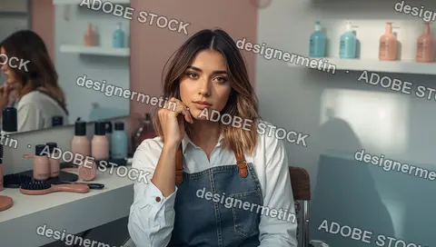 Young Woman Sitting In Hair Salon Wearing Denim Apron Surrounded By Styling Products And Beauty Tools