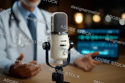 Doctor Recording Professional Medical Podcast In Modern Studio With Microphone And Blurred Background Lights