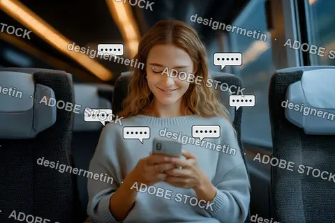 Young Woman Smiling While Texting On Smartphone During Relaxing Train Journey With Digital Chat Bubbles Around