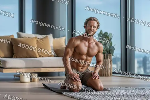 Shirtless Athletic Man Kneeling On Yoga Mat Smiling Confidently In Luxury Apartment With Panoramic Windows
