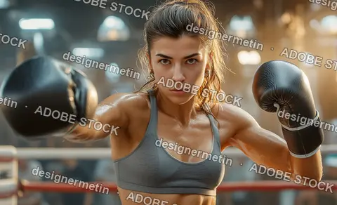 Strong Female Boxer Practicing Punch Technique Inside Boxing Ring With Determined Athletic Focus