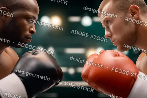 Two Boxers Facing Each Other In Ring Wearing Gloves Ready For Match Under Bright Sport Lights
