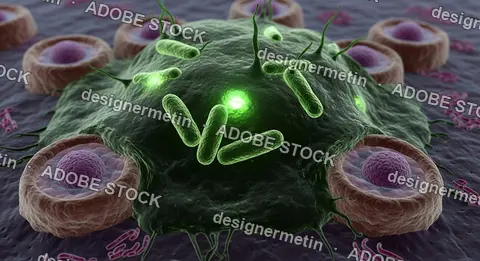 3D Render Of Green Glowing Bacteria Cells Interacting With Human Tissue Under Microscope Medical Visualization Concept