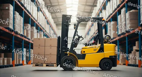 Yellow Forklift Carrying Stacked Cardboard Boxes Inside Large Warehouse Distribution Center Industrial Logistics Concept