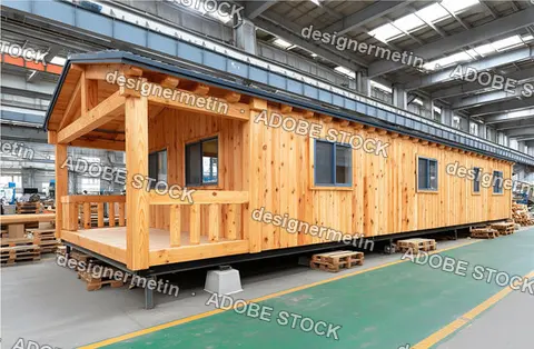 Brand New Tiny Wooden House On Wheels Built Inside Modern Industrial Factory Workshop For Sustainable Living