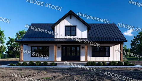 White Farmhouse Style Barndominium Exterior With Black Trim And Dark Gray Roof Under Clear Blue Sky Daylight