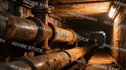 Aged Metal Pipeline System Running Through Old Industrial Tunnel With Rust Corrosion And Dim Artificial Light Reflections