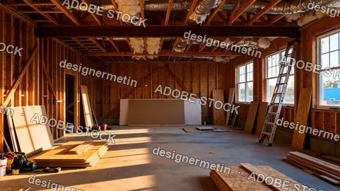 Wood Framed House Under Construction With Sunlight Illuminating Unfinished Walls And Insulation Materials Inside Interior Space