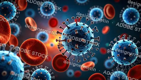 Microscopic View Of Blue Virus Particles And Red Blood Cells Illustrating Infection Immune Response And Medical Science Concept