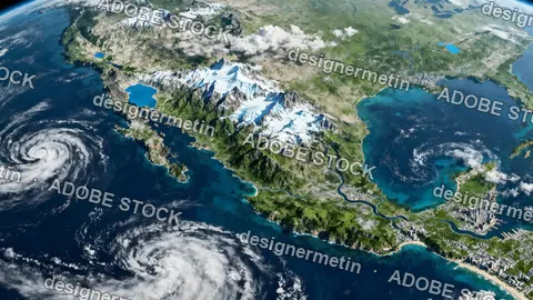 Satellite View Of Earth Showing Mountain Ranges Cities And Hurricanes Swirling Above Blue Ocean Atmosphere