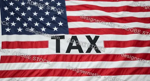 American Flag With Bold Tax Text Representing National Financial Policy And Government Economic Regulation Concept