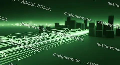 Digital Technology Lines Connecting Futuristic City With Glowing Green Light Representing Network Communication System
