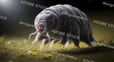 Realistic Macro Tardigrade Microscopic Animal With Detailed Texture Standing On Wet Moss Environment Background Surface