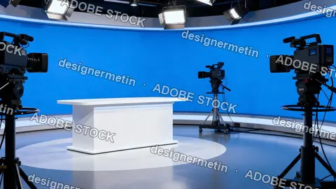 Empty Professional Television Studio Set With Bright Lighting And Blue Background Prepared For News Broadcast