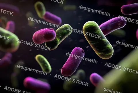 Clean Microscopic View Of Bacteria Cells With Green And Purple Colors Floating In Dark Background Representing Microbiology And Scientific Research