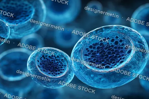 Photorealistic 3d Close Up View Of Transparent Blue Cells Under Microscope Showing Detailed Structure And Organic Microscopic Texture