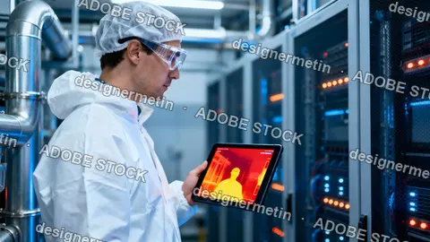 Scientist In Protective Clothing Using Tablet With Thermal Camera In Advanced Laboratory Server Room Monitoring Temperature And Data Systems