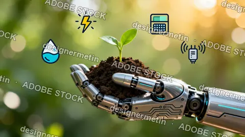 Robotic Hand Gently Holding Soil With Young Plant Showing Technology Support For Sustainable Agriculture And Environmental Innovation Concept