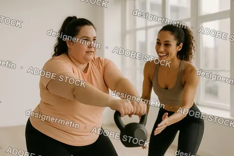 Confident Personal Trainer Motivating Woman Lifting Kettlebell During Strength Workout Session In Bright Modern Fitness Studio