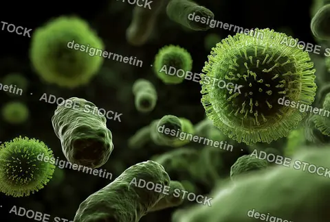 Microscopic Green Bacteria And Viruses Floating In Dark Background Representing Infection Spread And Microbiological Study In Healthcare Research
