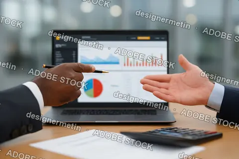 Executives Analyzing Company Performance On Laptop With Charts And Statistics During Corporate Finance Meeting In Bright Modern Office Setting