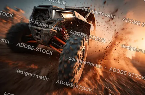 Off Road Vehicle Powers Through Muddy Terrain In Dramatic Motion Blur Under Golden Sunlight And Flying Dirt
