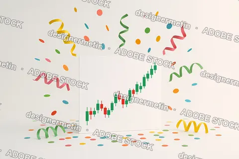 Colorful Confetti Surrounding Rising Stock Market Candlestick Chart Representing Business Success And Financial Growth