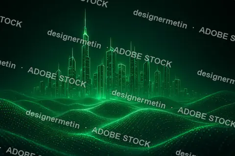 Digital Neon Skyline Of Futuristic City With Glowing Buildings And Data Waves Flowing Through Foreground Landscape