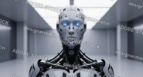 Futuristic Humanoid Robot With Glowing Blue Eyes Standing In High Tech Laboratory Representing Artificial Intelligence And Advanced Robotics