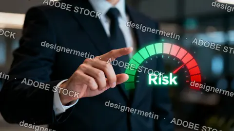 Businessman Analyzing High Risk Level On Virtual Digital Meter With Red Green Gradient Gauge In Financial Technology Interface