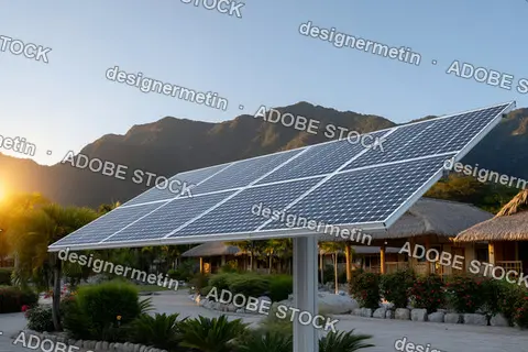 Solar Panel Installation In Tropical Environment With Mountain Background Representing Sustainable Energy And Eco-Friendly Power