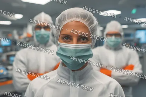 Group Of Healthcare Professionals In Biohazard Suits In Clean Laboratory Setting Focused On Contamination Prevention And Safety