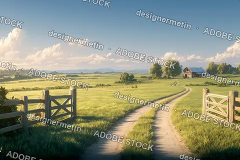 Charming Cartoon Countryside Landscape With Dirt Road Wooden Fences And Scenic Sunny Green Farm Fields