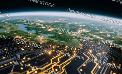 Satellite View Of Earth Blending With Circuit Board Textures Highlighting Digital Connectivity Across Continents