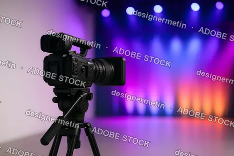 Studio Video Camera Pointed At Vibrant Colorful Lights In Dramatic Cinematic Production Environment Setup