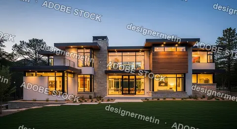 Modern Luxury House Exterior With Large Glass Windows And Warm Lighting At Dusk Surrounded By Trees And Landscaped Lawn