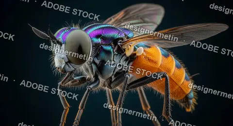 Macro Photo Of Iridescent Fly With Detailed Metallic Colors And Realistic Textures Showing Insect Anatomy Close Up View