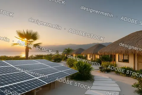 Eco Friendly Resort With Solar Panels Among Tropical Plants At Sunrise Representing Sustainable Vacation Energy Concept