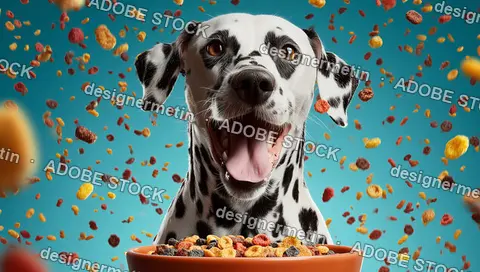 Happy Dalmatian Dog Smiling With Open Mouth Surrounded By Colorful Cereal Pieces Against Bright Blue Background