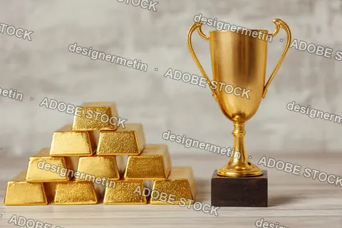 Golden Trophy And Stacked Gold Bars Symbolizing Wealth Success And Achievement On Light Background