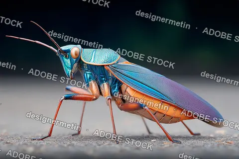 Macro Shot Of A Vibrant Blue Orange And Purple Insect Showing Detailed Wings And Compound Eyes On Neutral Background