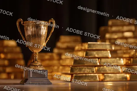Golden Trophy Surrounded By Stacked Gold Bars Under Warm Light Symbolizing Success Wealth And Luxury