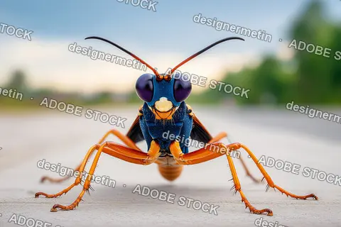 Macro Front View Of Colorful Insect With Large Compound Eyes And Bright Orange Legs On Blurred Outdoor Background