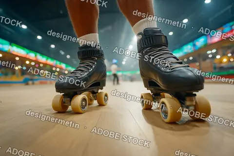 Person Wearing Roller Skates On Wooden Rink Floor Preparing To Start Skating In Illuminated Retro Sport Arena