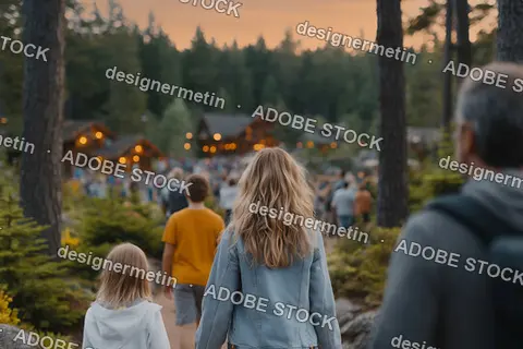 Family Walking Towards Outdoor Festival Area At Sunset Surrounded By Trees And Nature During Summer Evening Event